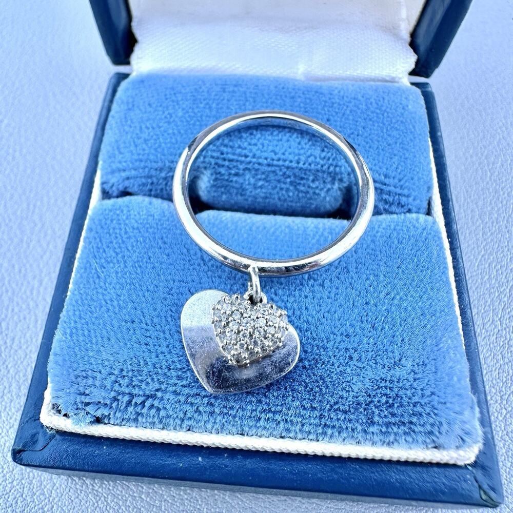 Michael Kors Sterling Silver Heart Charm Dangle Ring Pave CZ gemstone 925 Sz 7